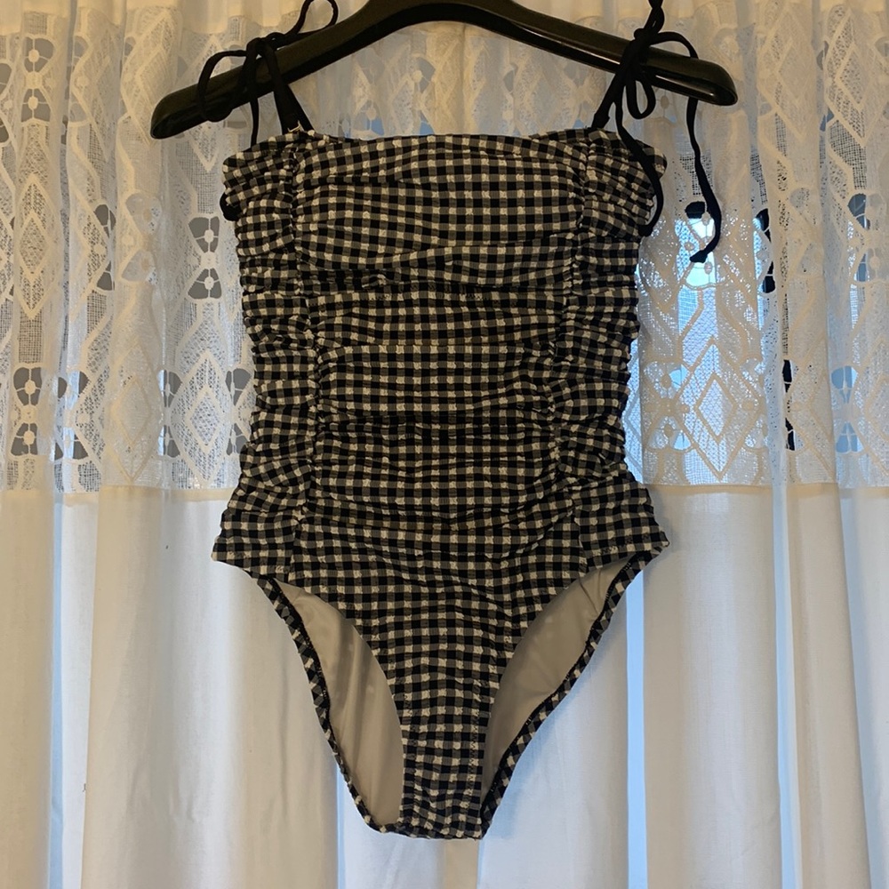 J. Crew 8 black blue gingham swimsuit, NWT